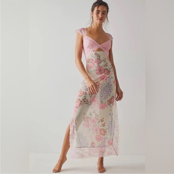 Free People Other - Worn 1x Free People Suddenly Fine Maxi Slip Floral Sheer Lace-trimmed Maxi Dress